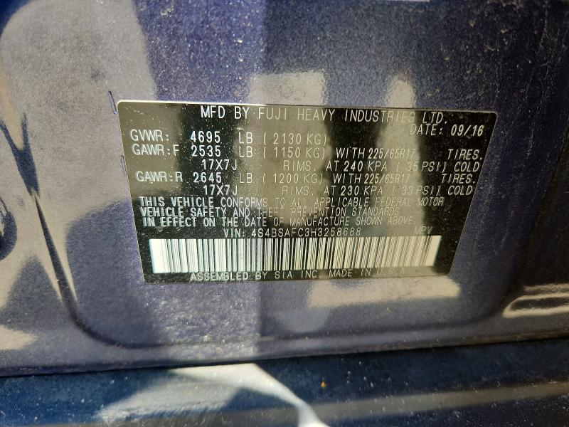 Продаж на аукціоні авто 2017 Subaru Outback, vin: 4S4BSAFC3H3258688, номер лоту: 52312866