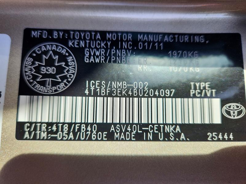 Продаж на аукціоні авто 2011 Toyota Camry, vin: 4T1BF3EK4BU204097, номер лоту: 52042486