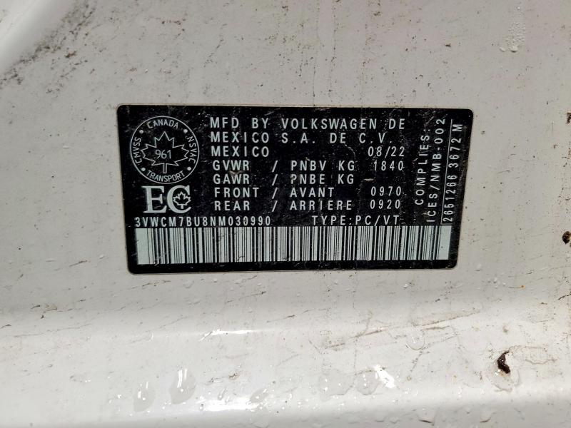 Aukcja sprzedaży 2022 Volkswagen Jetta Trendline 1.5, vin: 3VWCM7BU8NM030990, numer aukcji: 52801626