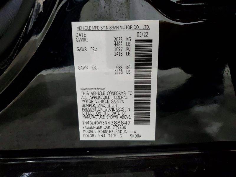 2022 Nissan Altima მანქანა იყიდება აუქციონზე, vin: 1N4BL4DW3NN388847, აუქციონის ნომერი: 55074086