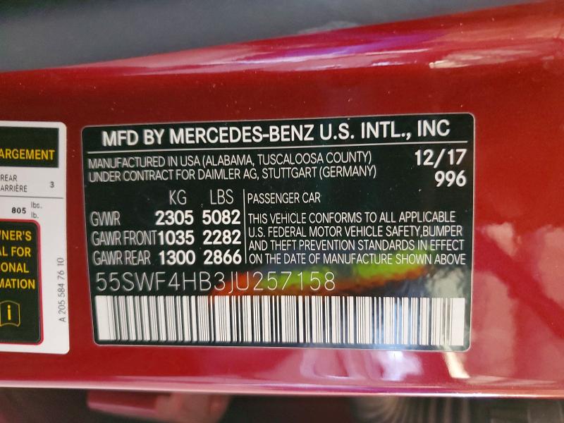 Продаж на аукціоні авто 2018 Mercedes-benz C, vin: 55SWF4HB3JU257158, номер лоту: 55164566