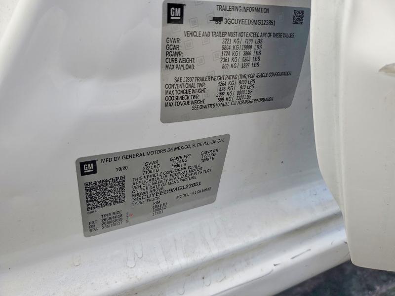 Продаж на аукціоні авто 2021 Chevrolet Silverado, vin: 3GCUYEED9MG123851, номер лоту: 54726446