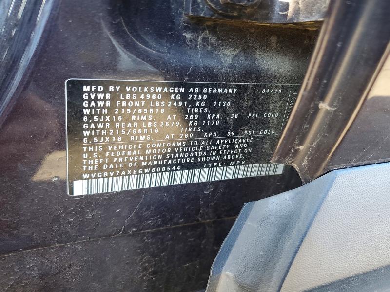 54392026 :رقم المزاد ، WVGBV7AX8GW608544 vin ، 2016 Volkswagen Tiguan مزاد بيع