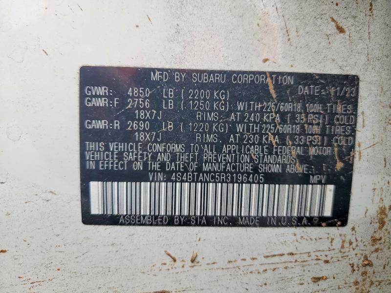 52572066 :رقم المزاد ، 4S4BTANC5R3196405 vin ، 2024 Subaru Outback مزاد بيع
