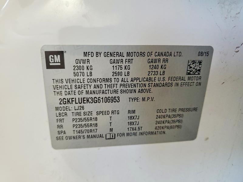 Aukcja sprzedaży 2016 Gmc Terrain, vin: 2GKFLUEK3G6106953, numer aukcji: 54002046