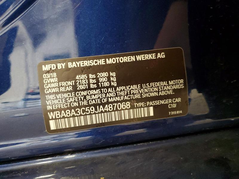 53089836 :رقم المزاد ، WBA8A3C59JA487068 vin ، 2018 Bmw 320 مزاد بيع