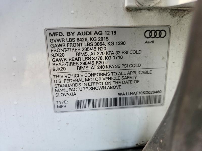 Aukcja sprzedaży 2019 Audi Q7, vin: WA1LHAF70KD026460, numer aukcji: 54879746