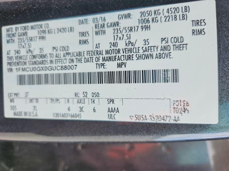 53979306 :رقم المزاد ، 1FMCU0GX0GUC88007 vin ، 2016 Ford Escape مزاد بيع