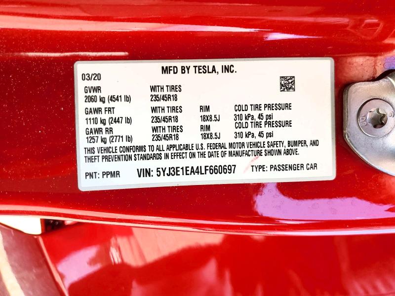 52197556 :رقم المزاد ، 5YJ3E1EA4LF660697 vin ، 2020 Tesla Model 3 مزاد بيع