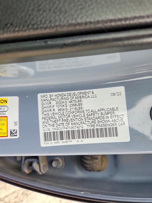 Продажа на аукционе авто 2022 Honda Accord, vin: 1HGCV1F47NA074212, номер лота: 53289986
