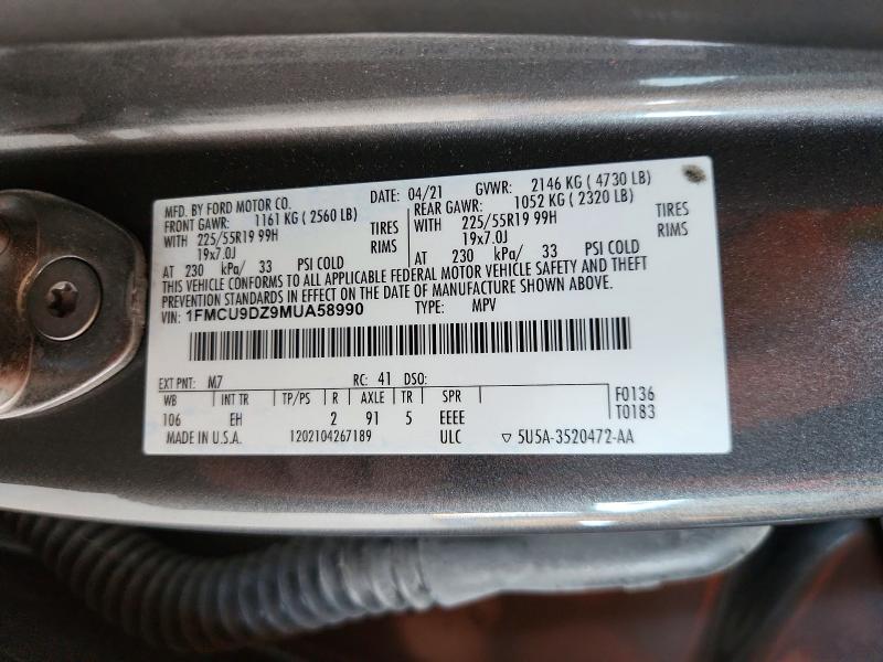 54783696 :رقم المزاد ، 1FMCU9DZ9MUA58990 vin ، 2021 Ford Escape مزاد بيع
