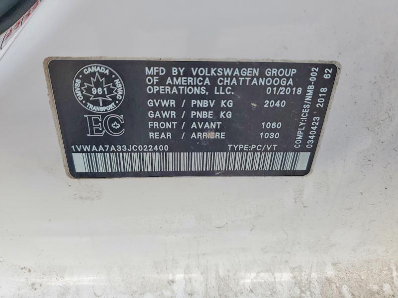 Aukcja sprzedaży 2018 Volkswagen Passat, vin: 1VWAA7A33JC022400, numer aukcji: 54057056