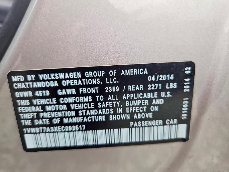53155816 :رقم المزاد ، 1VWBT7A3XEC093517 vin ، 2014 Volkswagen Passat مزاد بيع