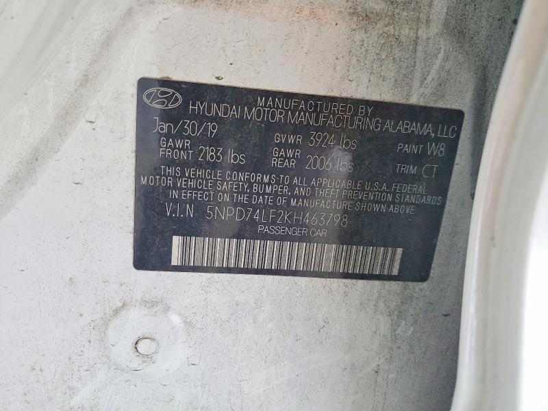 54839616 :رقم المزاد ، 5NPD74LF2KH463798 vin ، 2019 Hyundai Elantra مزاد بيع