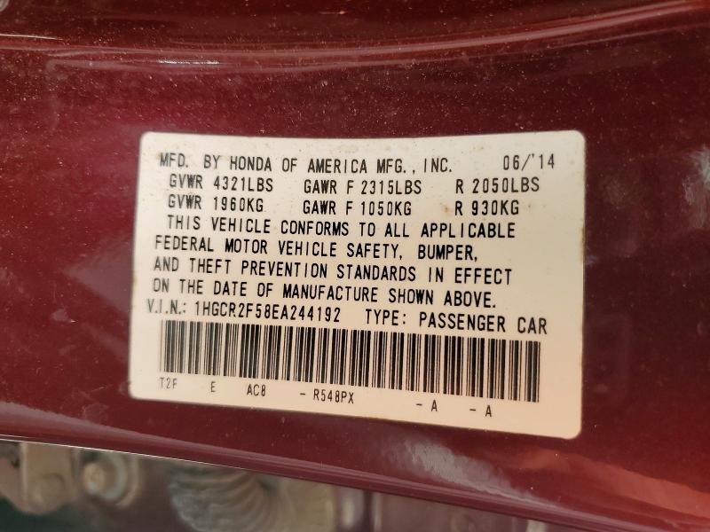 51887406 :رقم المزاد ، 1HGCR2F58EA244192 vin ، 2014 Honda Accord مزاد بيع