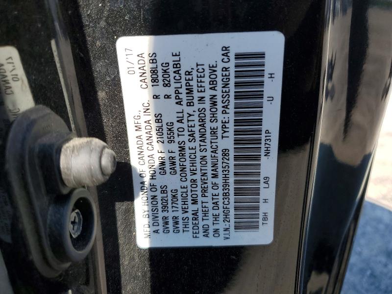 Продаж на аукціоні авто 2017 Honda Civic, vin: 2HGFC3B39HH357289, номер лоту: 53934546
