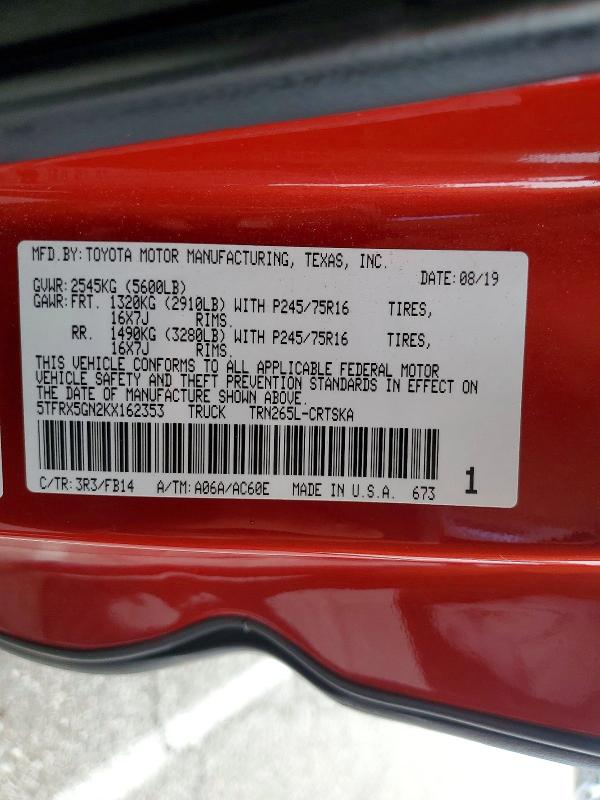 Продажа на аукционе авто 2019 Toyota Tacoma, vin: 5TFRX5GN2KX162353, номер лота: 54794536