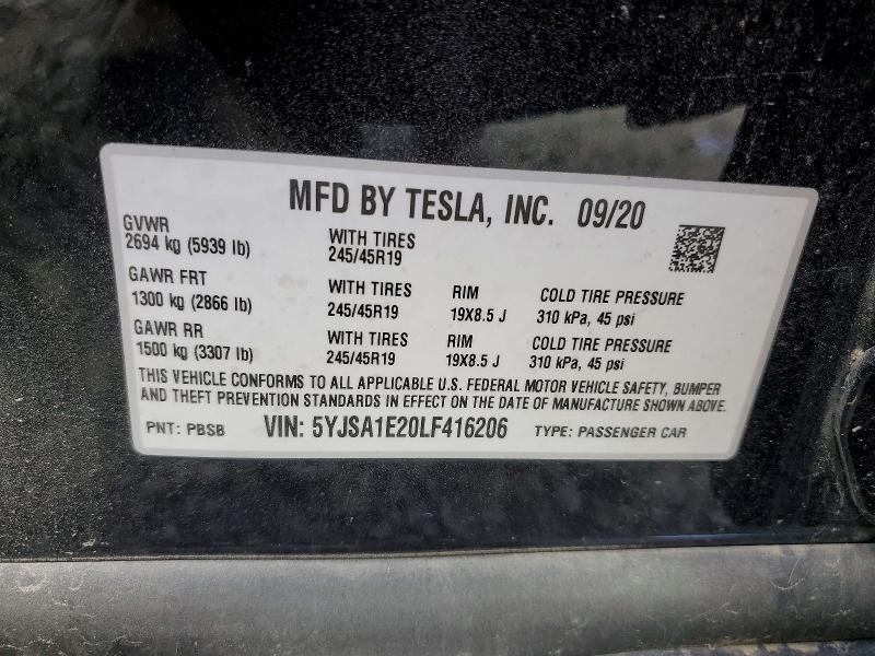 Aukcja sprzedaży 2020 Tesla Model S, vin: 5YJSA1E20LF416206, numer aukcji: 54507386