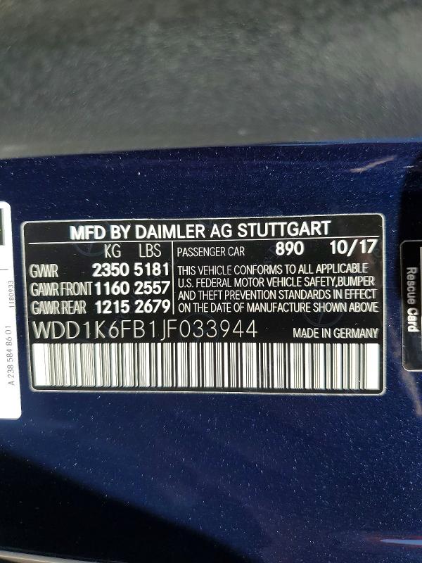 Aukcja sprzedaży 2018 Mercedes-benz E, vin: WDD1K6FB1JF033944, numer aukcji: 54886096