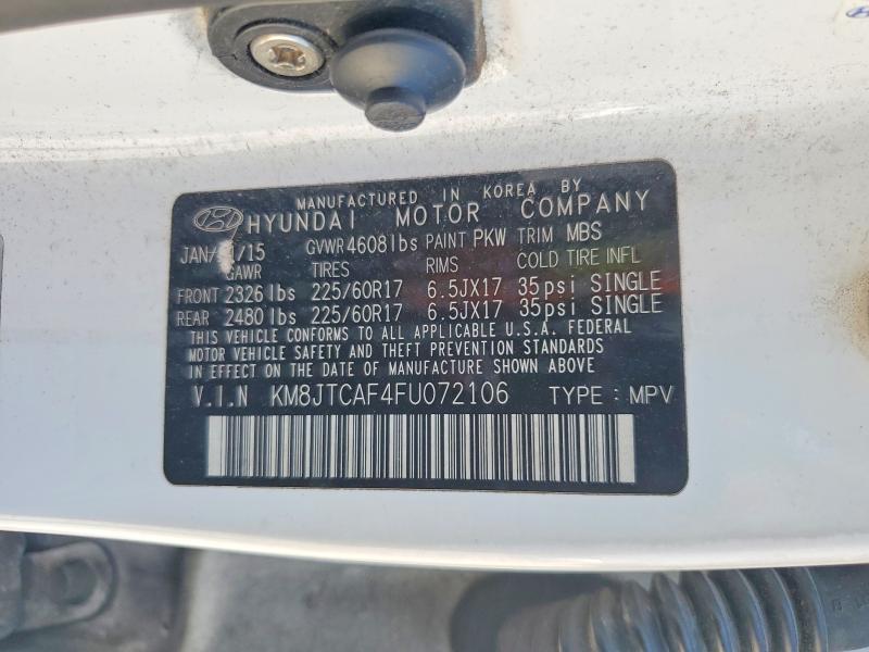 2015 Hyundai Tucson მანქანა იყიდება აუქციონზე, vin: KM8JTCAF4FU072106, აუქციონის ნომერი: 53368456