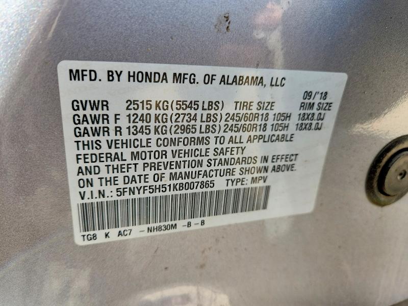 Продаж на аукціоні авто 2019 Honda Pilot, vin: 5FNYF5H51KB007865, номер лоту: 53717746