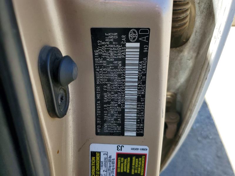 2012 Toyota Corolla მანქანა იყიდება აუქციონზე, vin: 2T1BU4EE9CC812352, აუქციონის ნომერი: 53592486