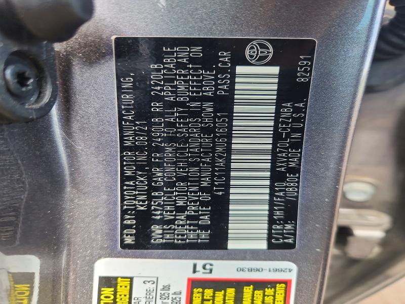 Продажа на аукционе авто 2021 Toyota Camry, vin: 4T1C11AK2MU616051, номер лота: 52113956
