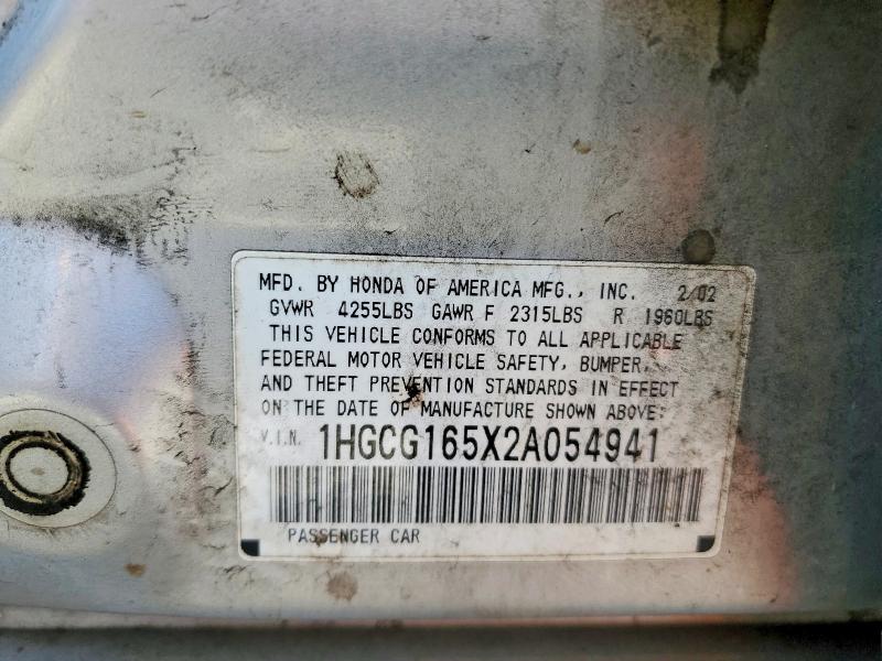 52184336 :رقم المزاد ، 1HGCG165X2A054941 vin ، 2002 Honda Accord مزاد بيع
