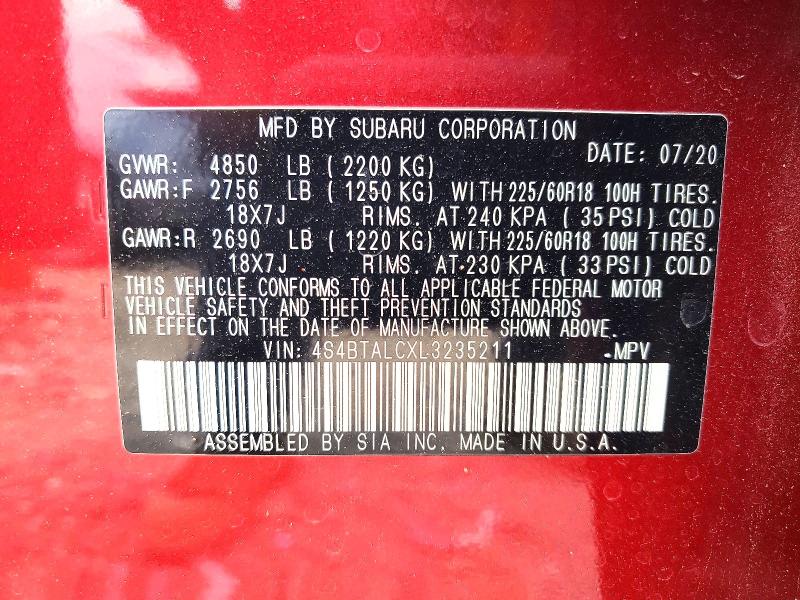 Aukcja sprzedaży 2020 Subaru Outback, vin: 4S4BTALCXL3235211, numer aukcji: 53623906
