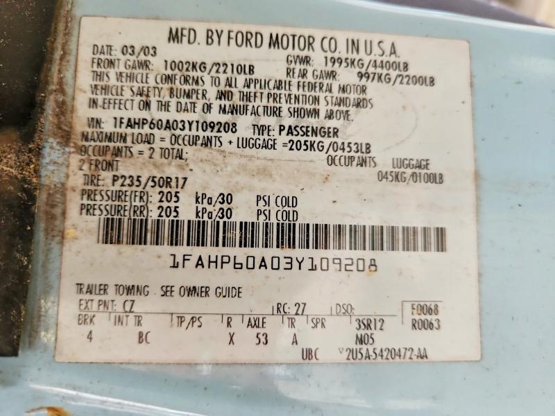 Aukcja sprzedaży 2003 Ford Thunderbird, vin: 1FAHP60A03Y109208, numer aukcji: 54227236