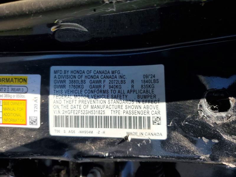 2025 Honda Civic მანქანა იყიდება აუქციონზე, vin: 2HGFE2F52SH531825, აუქციონის ნომერი: 53949596