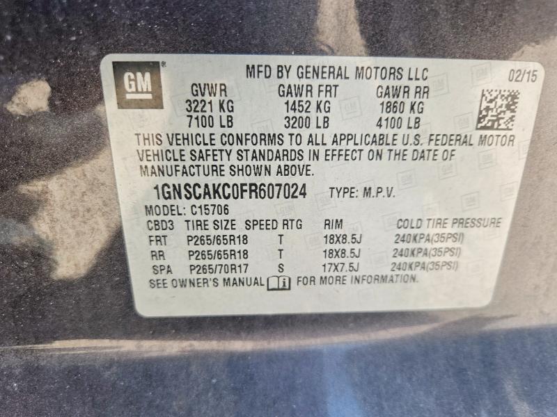 2015 Chevrolet Tahoe მანქანა იყიდება აუქციონზე, vin: 1GNSCAKC0FR607024, აუქციონის ნომერი: 53519056