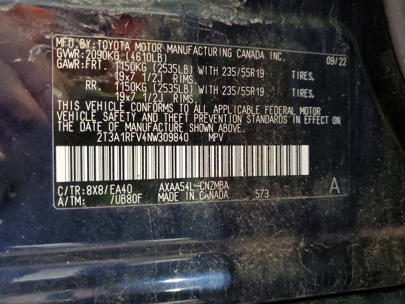 2022 Toyota Rav4 მანქანა იყიდება აუქციონზე, vin: 2T3A1RFV4NW309840, აუქციონის ნომერი: 53522306