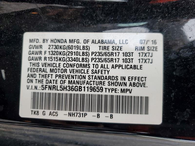 Продаж на аукціоні авто 2016 Honda Odyssey, vin: 5FNRL5H36GB119659, номер лоту: 54259686