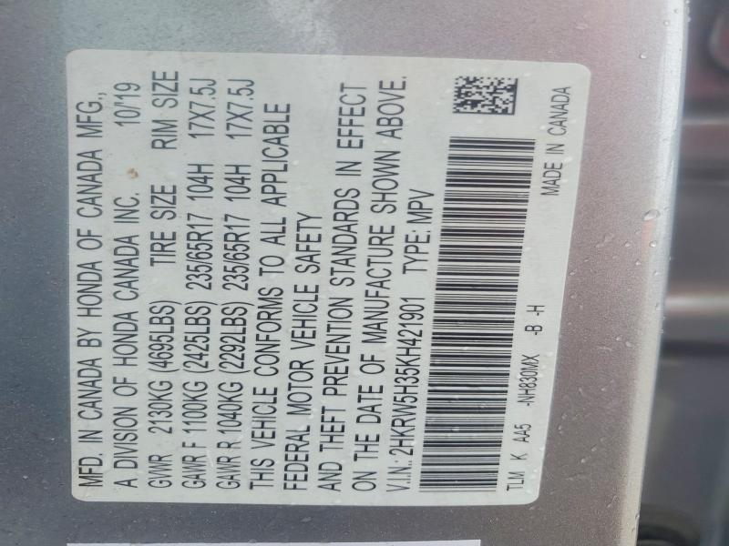 54463346 :رقم المزاد ، 2HKRW5H35KH421901 vin ، 2019 Honda Cr-v مزاد بيع