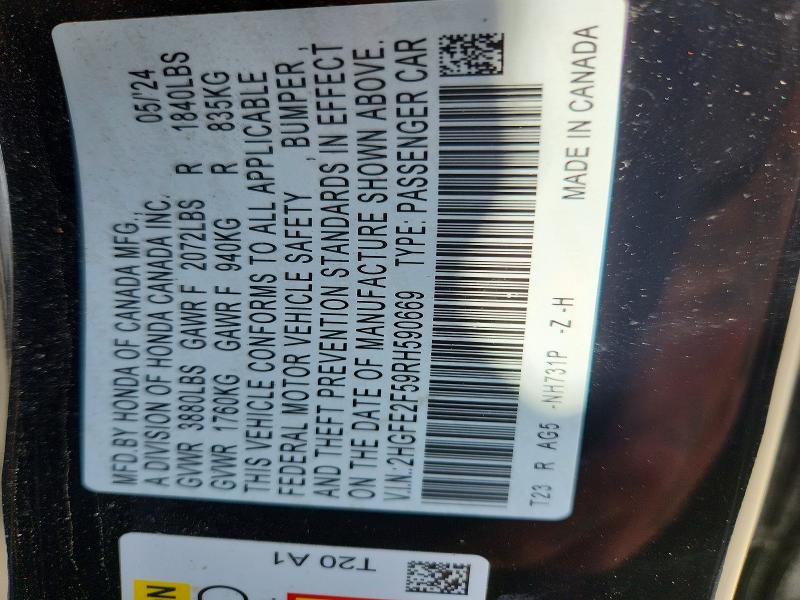 Продаж на аукціоні авто 2024 Honda Civic, vin: 2HGFE2F59RH590669, номер лоту: 55096286