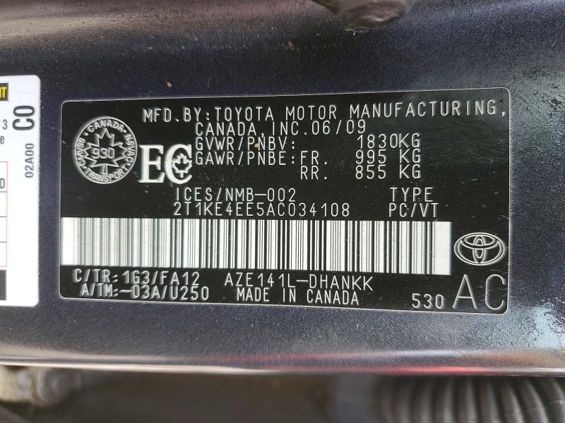 54608726 :رقم المزاد ، 2T1KE4EE5AC034108 vin ، 2010 Toyota Corolla Matrix مزاد بيع