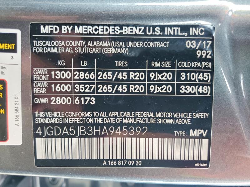 2017 Mercedes-benz Gle მანქანა იყიდება აუქციონზე, vin: 4JGDA5JB3HA945392, აუქციონის ნომერი: 55387146