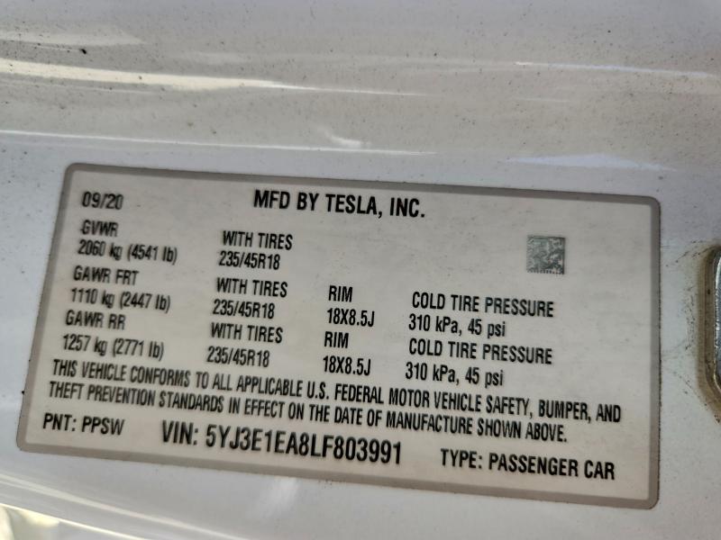 2020 Tesla Model 3 მანქანა იყიდება აუქციონზე, vin: 5YJ3E1EA8LF803991, აუქციონის ნომერი: 52752276