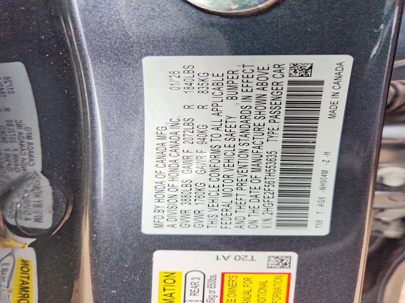 Продаж на аукціоні авто 2026 Honda Civic, vin: 2HGFE2F56TH553635, номер лоту: 54327726