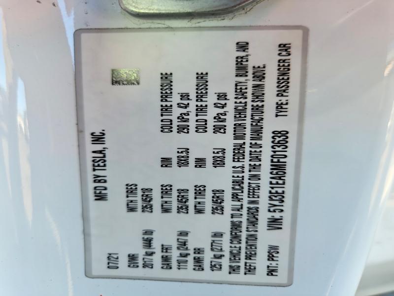 2021 Tesla Model 3 მანქანა იყიდება აუქციონზე, vin: 5YJ3E1EA6MF013638, აუქციონის ნომერი: 52885036