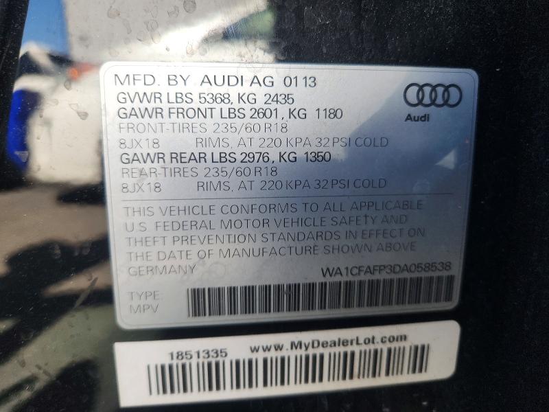 2013 Audi Q5 მანქანა იყიდება აუქციონზე, vin: WA1CFAFP3DA058538, აუქციონის ნომერი: 53913966