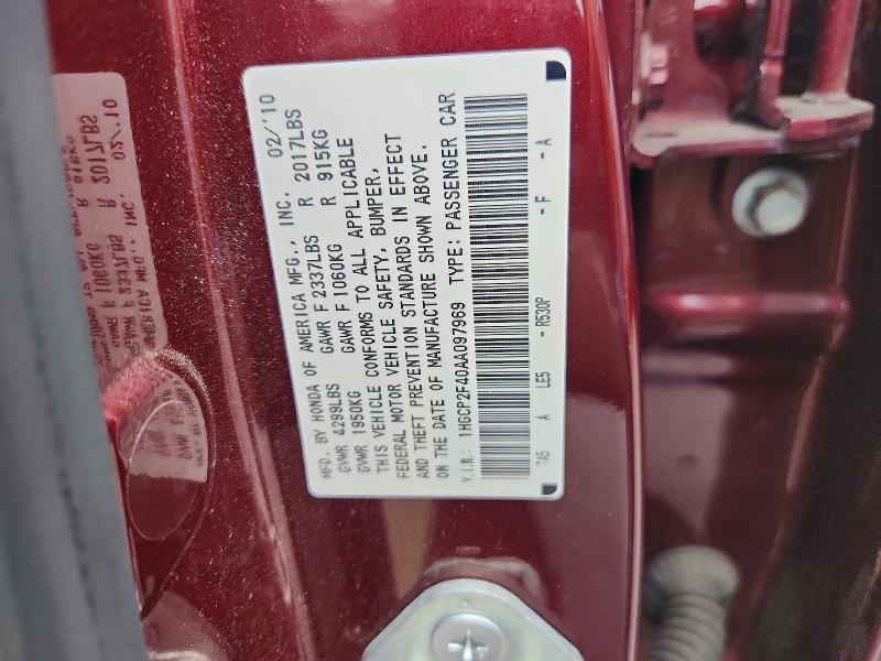 Aukcja sprzedaży 2010 Honda Accord, vin: 1HGCP2F40AA097969, numer aukcji: 54695486