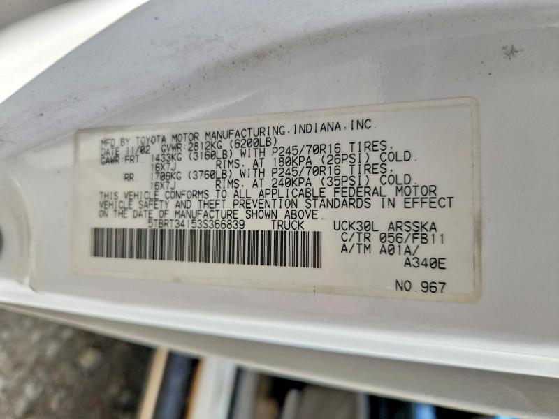 Продаж на аукціоні авто 2003 Toyota Tundra, vin: 5TBRT34153S366839, номер лоту: 53451086