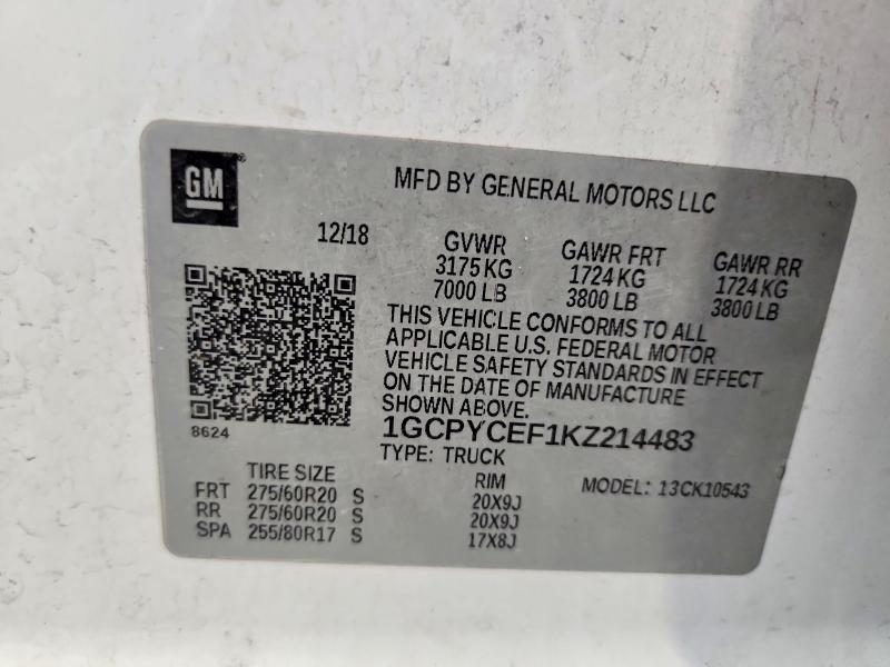 Aukcja sprzedaży 2019 Chevrolet Silverado, vin: 1GCPYCEF1KZ214483, numer aukcji: 52894076