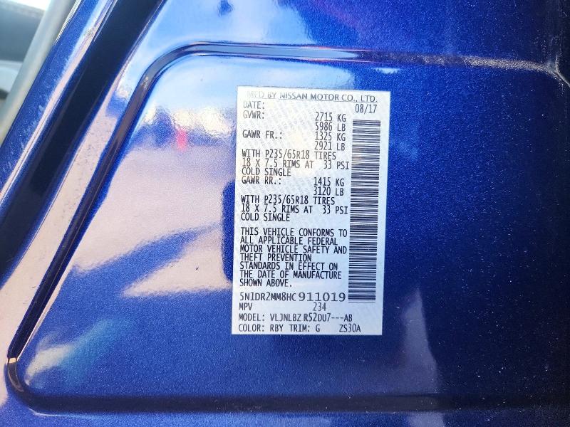 54406856 :رقم المزاد ، 5N1DR2MM8HC911019 vin ، 2017 Nissan Pathfinder مزاد بيع