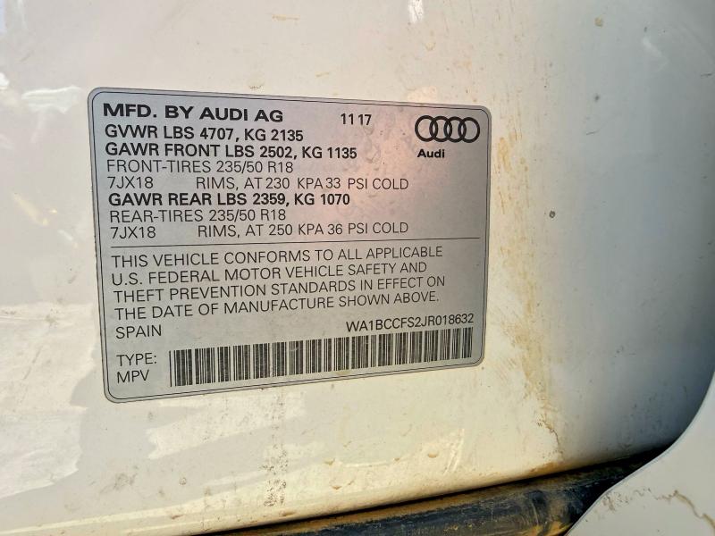 53051656 :رقم المزاد ، WA1BCCFS2JR018632 vin ، 2018 Audi Q3 مزاد بيع