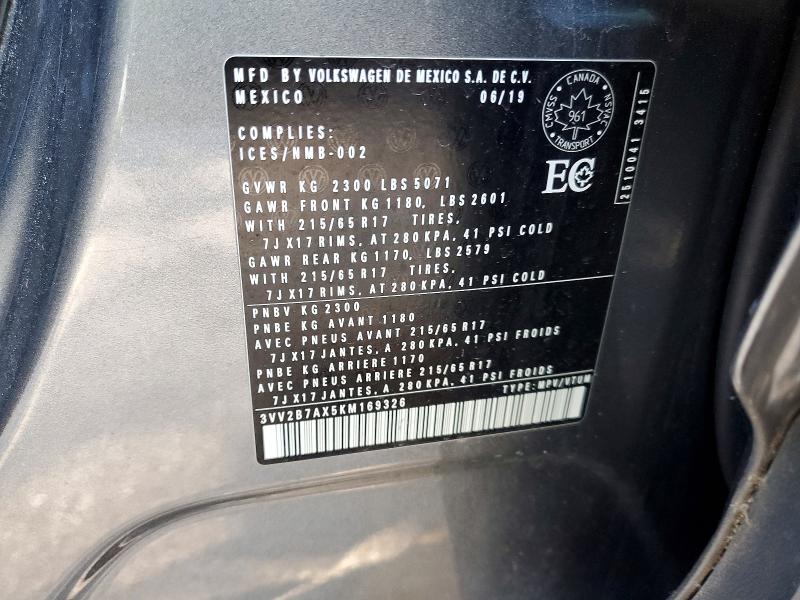 52542726 :رقم المزاد ، 3VV2B7AX5KM169326 vin ، 2019 Volkswagen Tiguan مزاد بيع