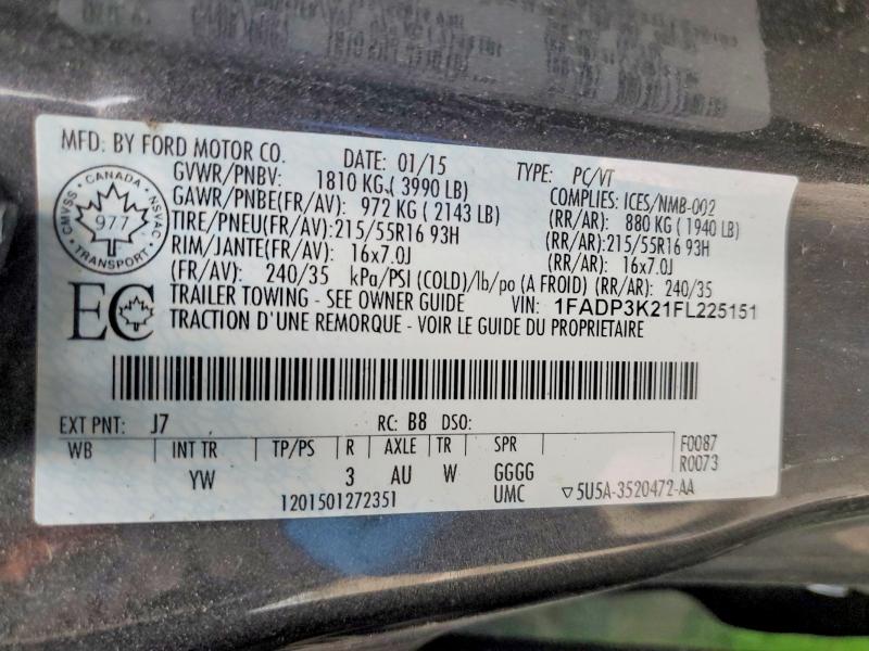 Aukcja sprzedaży 2015 Ford Focus, vin: 1FADP3K21FL225151, numer aukcji: 51589146