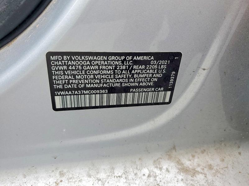 Продаж на аукціоні авто 2021 Volkswagen Passat, vin: 1VWAA7A37MC009363, номер лоту: 52483206
